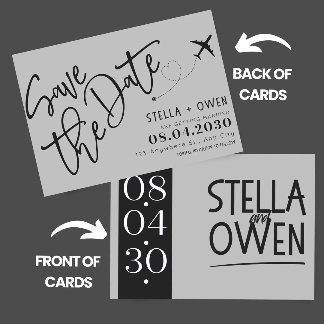 Custom grey and black save the date cards - personalized 4x6 inch invitations with elegant typography white envelopes