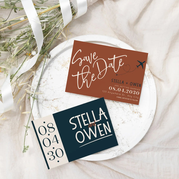 Custom Brick Red and Slate Save the Date Cards - Personalized 4x6 Inch Invitations with Elegant Typography and White Envelopes - Perfect for Weddings, Birthdays, and Showers