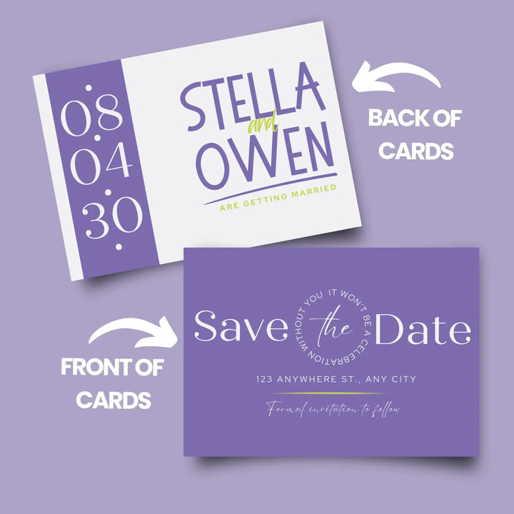 Custom Purple and Gray Save the Date Cards - Personalized 4x6 Inch Invitations with Elegant Typography and White Envelopes - Perfect for Weddings, Birthdays, and Showers
