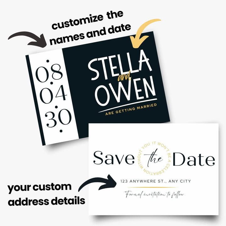 Custom black and vintage white save the date cards - personalized 4x6 inch invitations with elegant typography