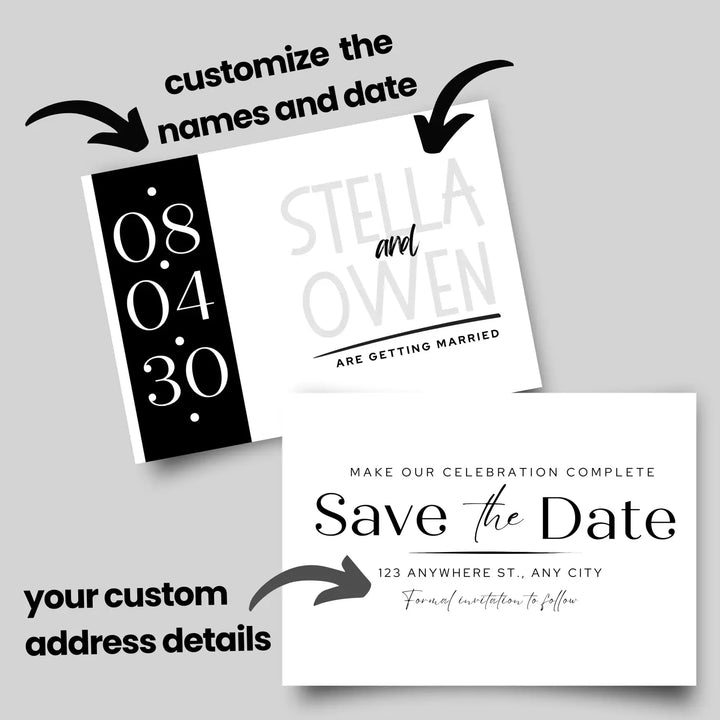 Custom Black and White Minimalist Save the Date Cards - Personalized 4x6 Inch Invitations with Elegant Typography and White Envelopes - Perfect for Weddings, Birthdays, and Showers