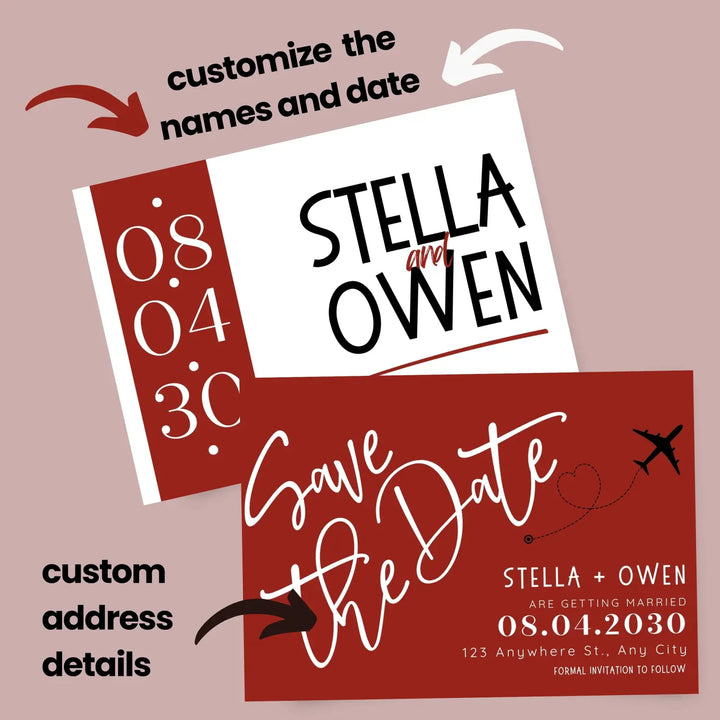 Custom Retro Red, White, and Black Save the Date Cards - Personalized 4x6 Inch Invitations with Elegant Typography and White Envelopes - Perfect for Weddings, Birthdays, and Showers