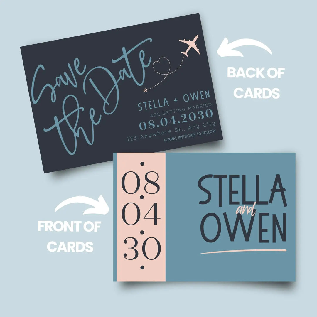 Custom Blush, Black, and Blue Save the Date Cards - Personalized 4x6 Inch Invitations with Elegant Typography and White Envelopes - Perfect for Weddings, Birthdays, and Showers