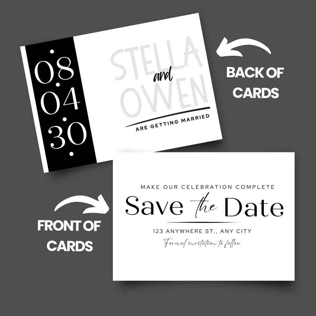 Custom Black and White Minimalist Save the Date Cards - Personalized 4x6 Inch Invitations with Elegant Typography and White Envelopes - Perfect for Weddings, Birthdays, and Showers