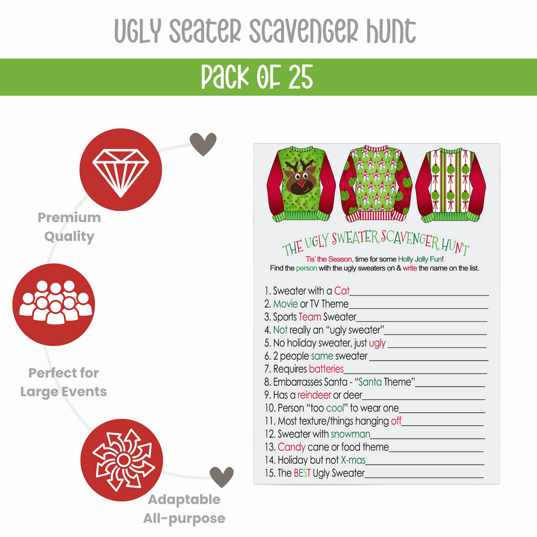 Ugly Sweater Scavenger Game for Christmas Party, Fun Holiday Scavenger Hunt Adults, Festive Fun Activity, 25 Guests, 4x6 - Paper Clever Party