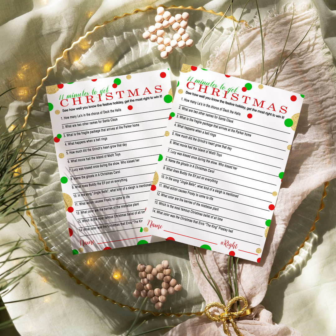 Christmas Trivia Game Fun Party Activity for Adults, Office, Group, Thanksgiving, Holiday Movie and Song Questions, 25 Guest Pack, 5x7 Cards, Version 1 - Paper Clever Party