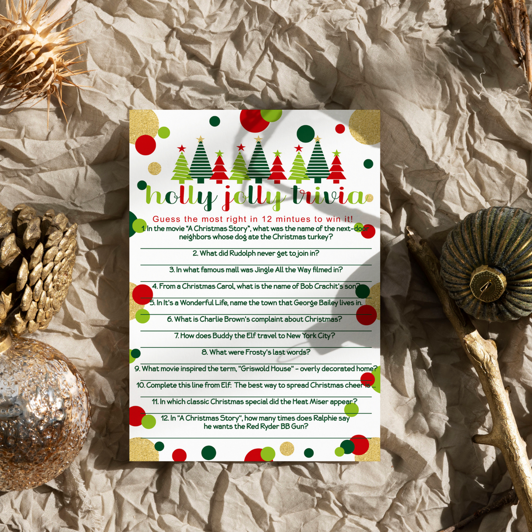 Jolly Trees Christmas Trivia Game Fun Party Activity with Holiday Movie and Song Questions for Adults, Office, Group, Thanksgiving, 25 Pack, 5x7 Cards, Version 3 - Paper Clever Party