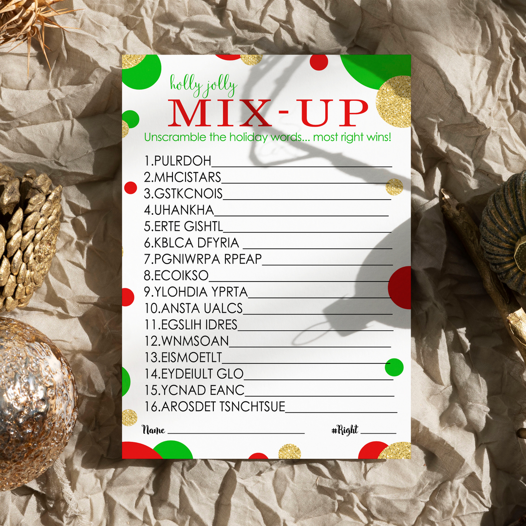 Christmas Word Scramble Game, Holiday Unscramble Party Activity for Adults, Groups, Office, Gold Red and Green, 25 Pack, 5x7 Cards - Paper Clever Party