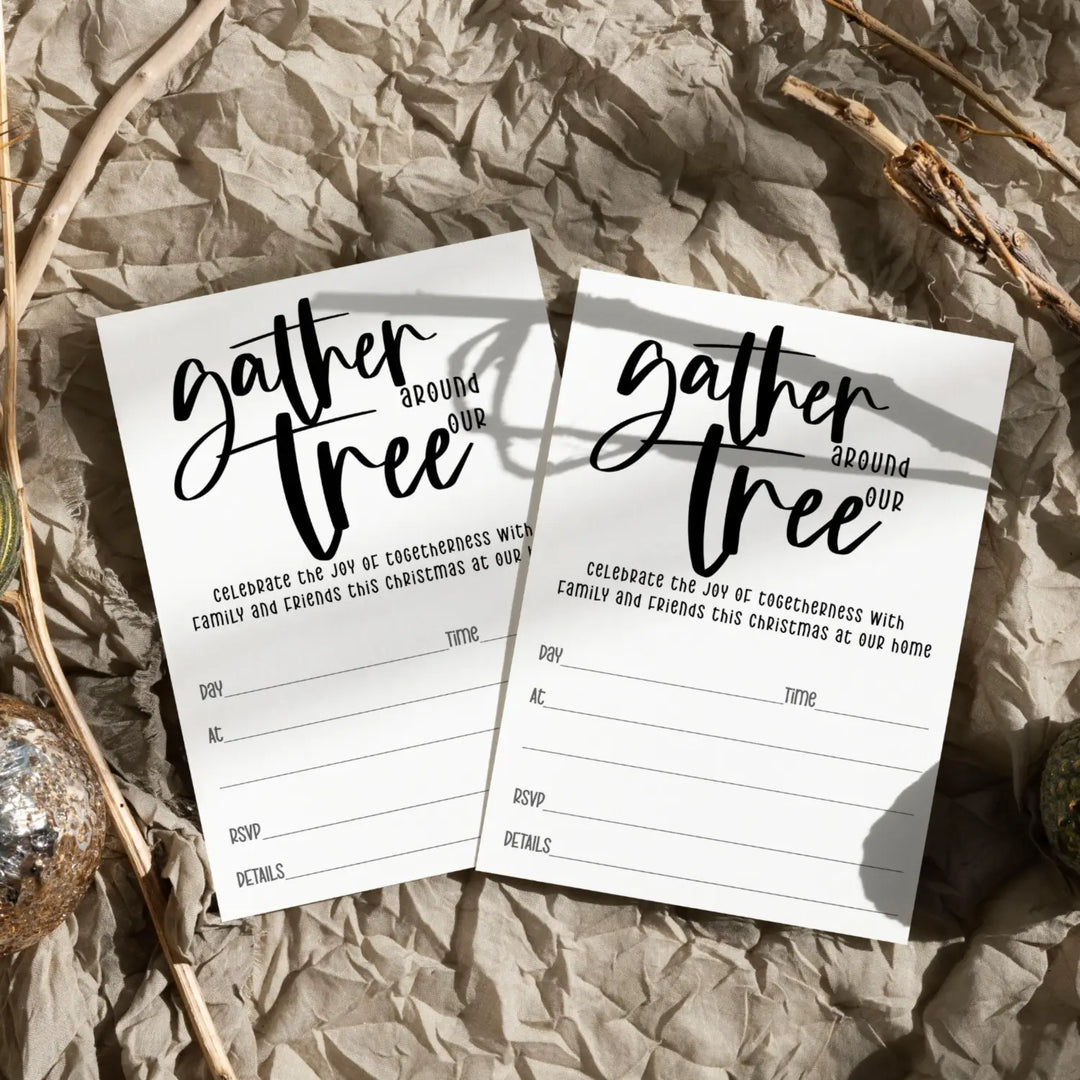 Elegant Black & White Christmas Tree Invitations - “Gather Around Our Tree” - 20 Pack