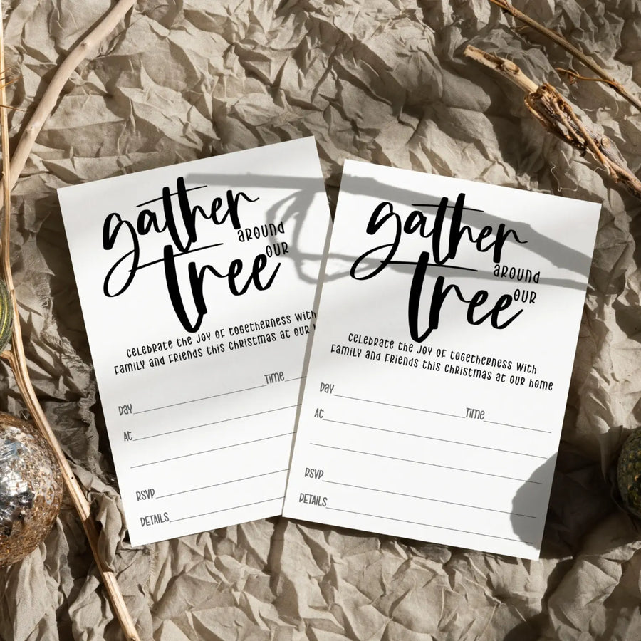 Elegant black & white christmas tree invitations - “gather around our tree” - 20 pack