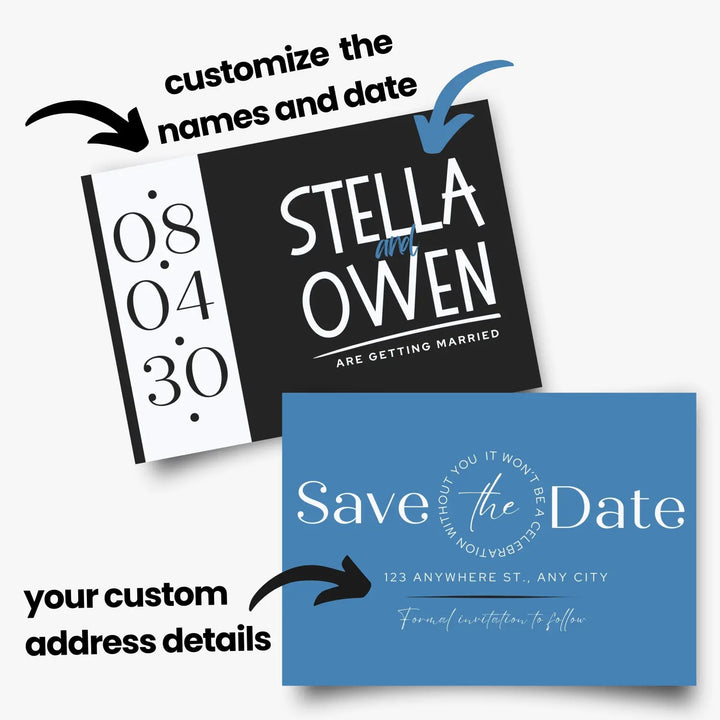 Custom Celestial Blue and Black Save the Date Cards - Personalized 4x6 Inch Invitations with Elegant Typography and White Envelopes - Perfect for Weddings, Birthdays, and Showers