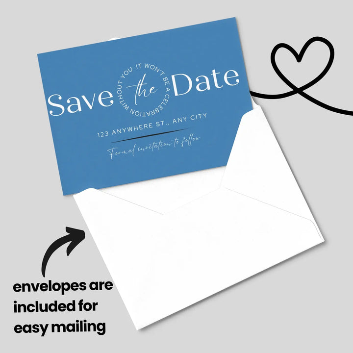 Custom Celestial Blue and Black Save the Date Cards - Personalized 4x6 Inch Invitations with Elegant Typography and White Envelopes - Perfect for Weddings, Birthdays, and Showers