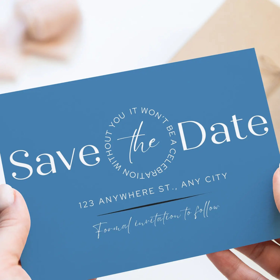 Custom Celestial Blue and Black Save the Date Cards - Personalized 4x6 Inch Invitations with Elegant Typography and White Envelopes - Perfect for Weddings, Birthdays, and Showers