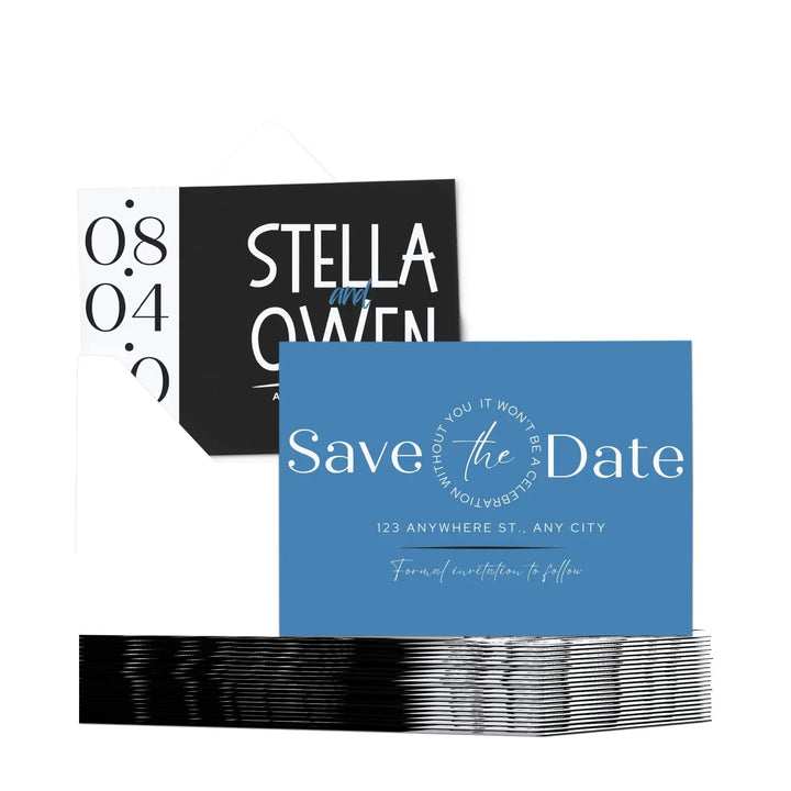 Custom Celestial Blue and Black Save the Date Cards - Personalized 4x6 Inch Invitations with Elegant Typography and White Envelopes - Perfect for Weddings, Birthdays, and Showers