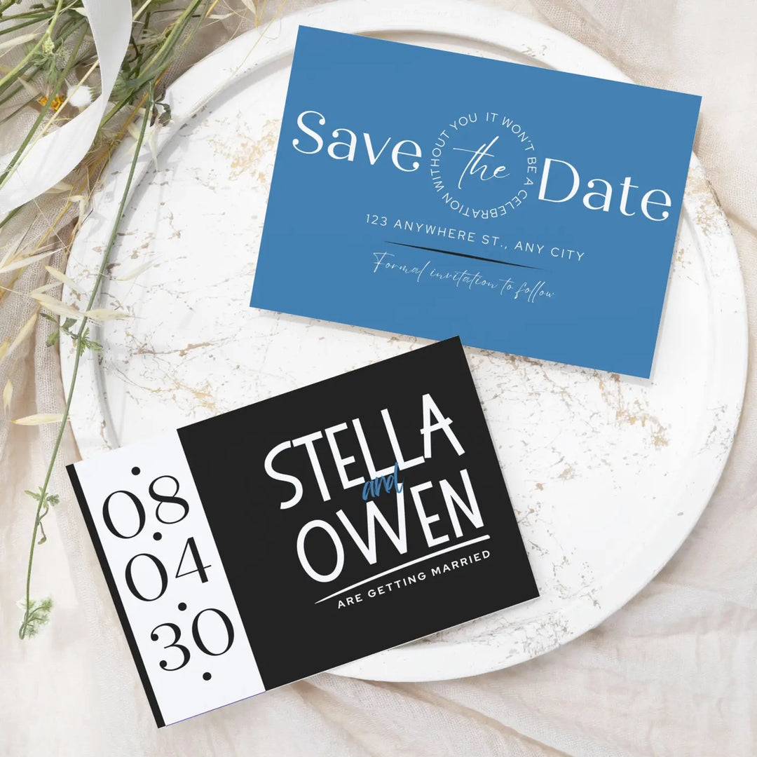 Custom Celestial Blue and Black Save the Date Cards - Personalized 4x6 Inch Invitations with Elegant Typography and White Envelopes - Perfect for Weddings, Birthdays, and Showers