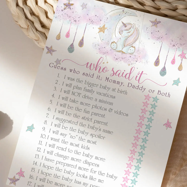 Unicorn mommy or daddy baby shower game - 25 pack guess who activity cards girls rainbow stars themed printed 5x7 set