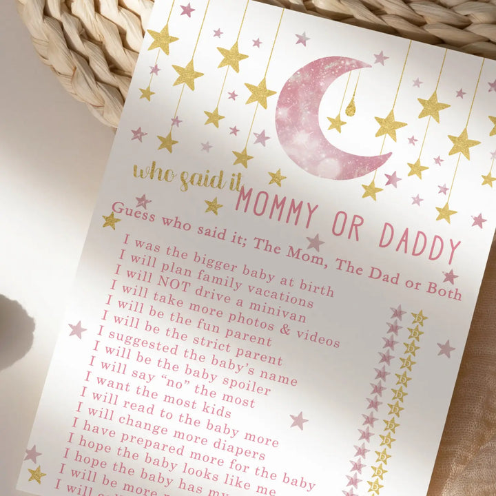 Twinkle Little Star Baby Shower Game Mommy or Daddy - 25 Pack Guess Who Activity Cards, Pink and Gold Celestial Moon Themed, 5x7 Set