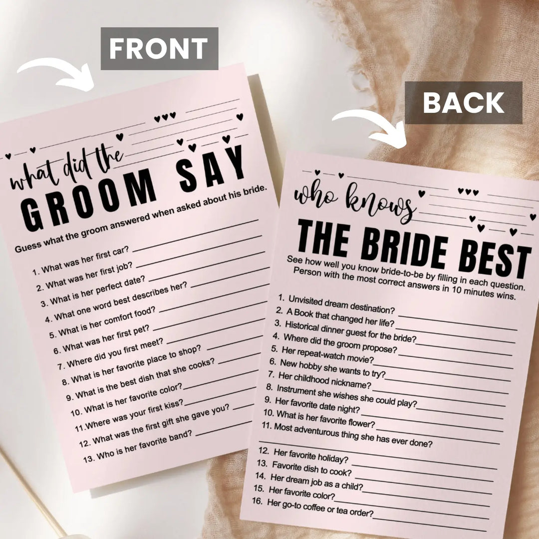 Paper Clever Party Bridal Shower Games - 25 Cards - What Did the Groom Say & Who Knows the Bride Best Wedding Activity - Engagement, Rehearsal Dinner, Modern Pink and Black Design