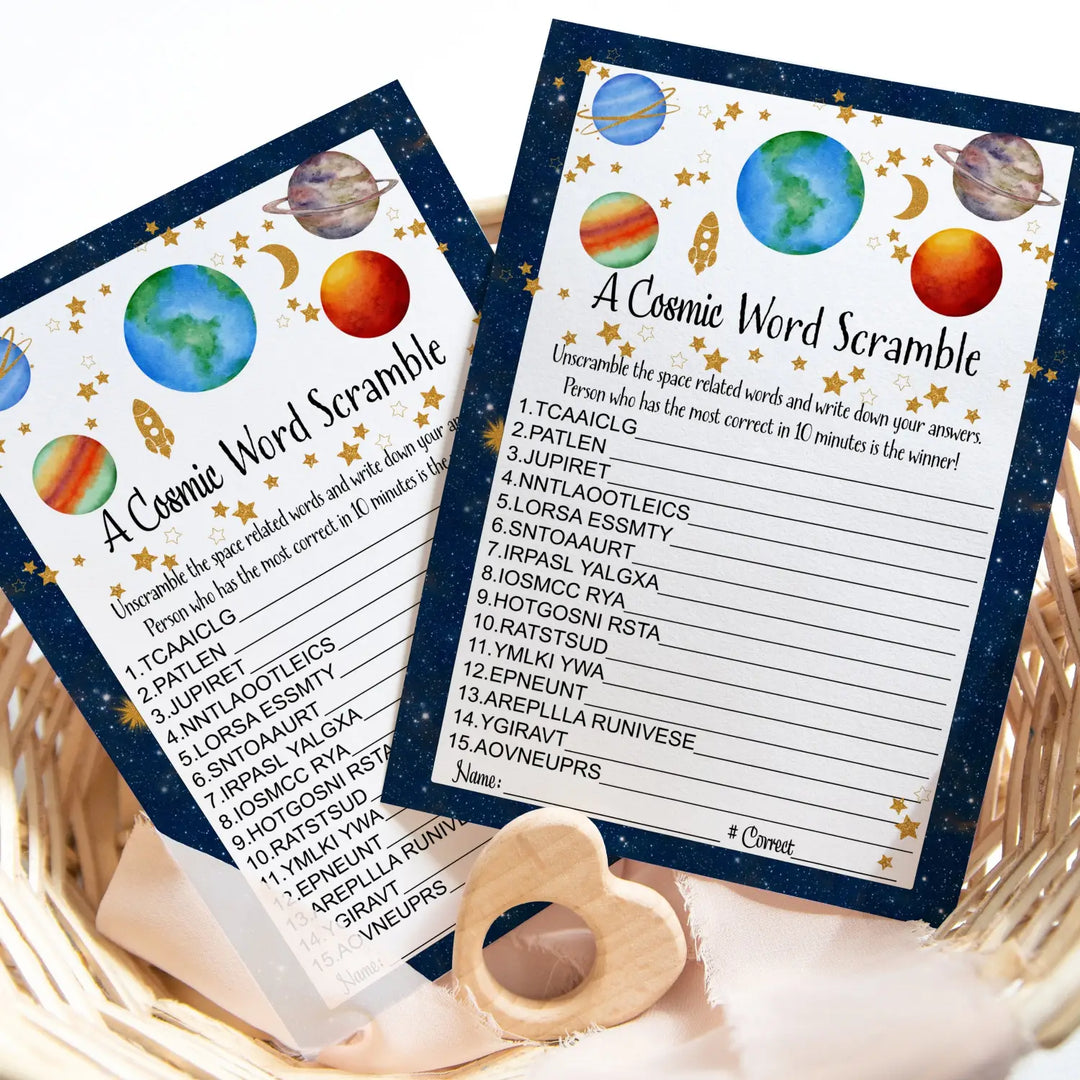 25-Pack Cosmic Baby Shower Word Scramble Game - Celestial Theme, Educational Space Fun, 5x7