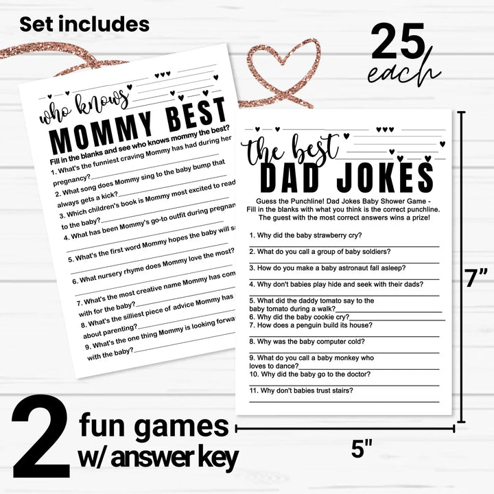 Black and White Baby Shower Game 2-in-1 Set - Who Knows Mommy Best & Dad Jokes, 25 Pack