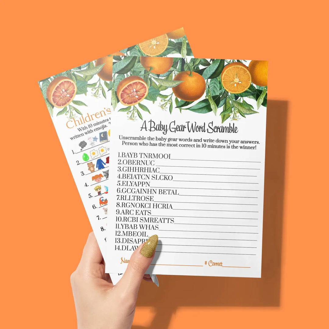 Orange Baby Shower Game Set, Word Scramble & Emoticon Storybook Guess, 5x7 Cards (25 ct)