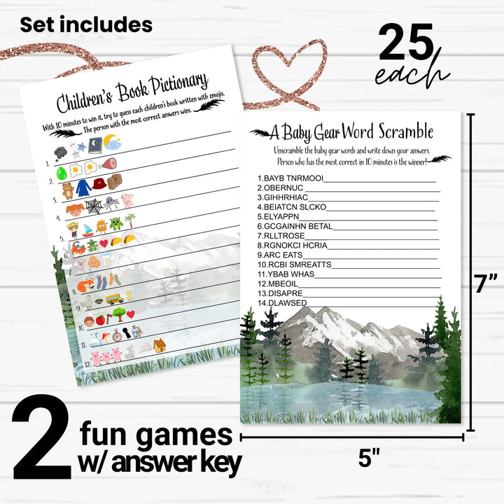 Adventure Awaits Baby Shower Game Set with Pictograms and Word Scramble, Mountain Themed, 5x7 Cards (25 ct)