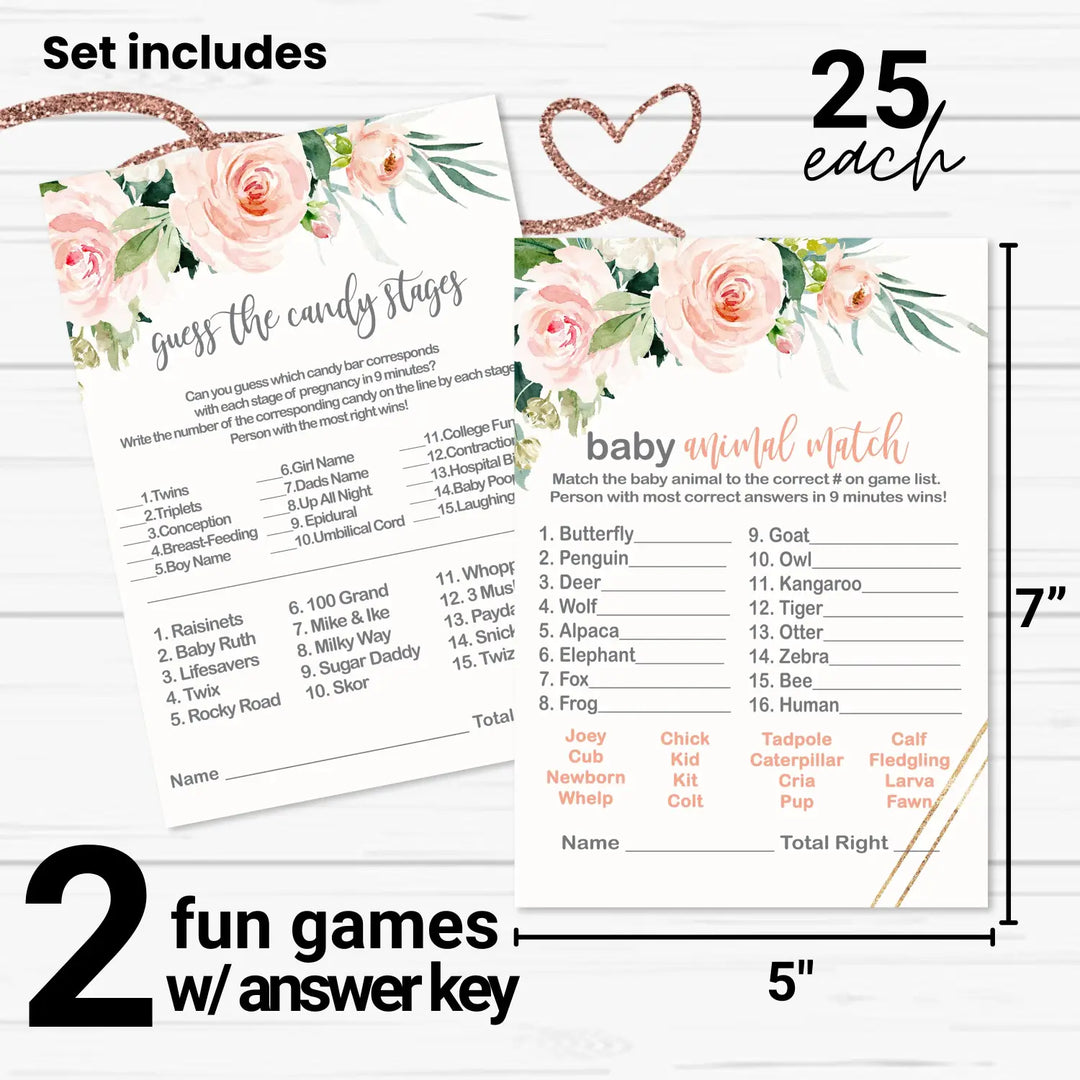 Graceful Baby Shower Game Set, Rustic Pink Floral Greenery, Animal Match and Candy Bar Guessing