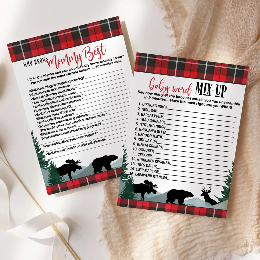 Lumberjack Baby Shower Game Set, Mommy Best and Word Scramble, Rustic Red & Black