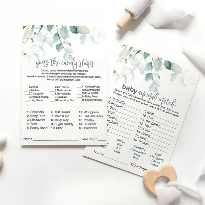 Rustic Eucalyptus Baby Shower Game Bundle, 5x7 Cards (25 ct)