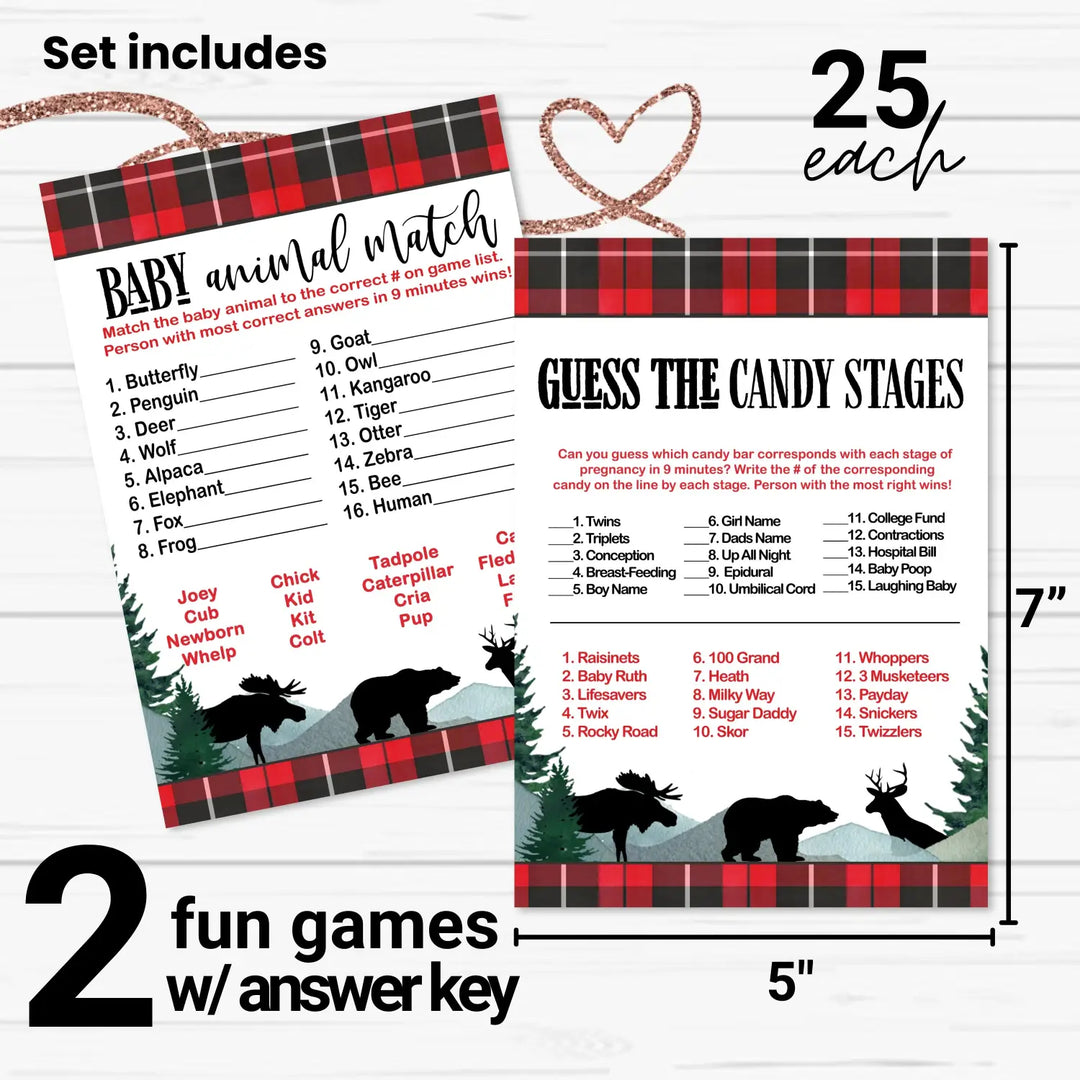 Lumberjack Baby Shower Game Set, Animal Matching and Candy Bar Guessing, Rustic Red & Black