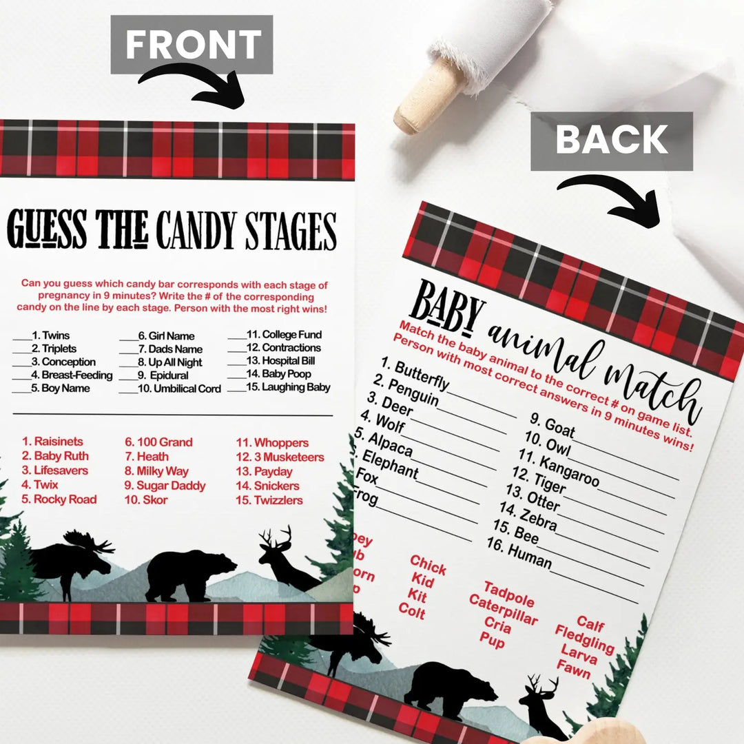 Lumberjack Baby Shower Game Set, Animal Matching and Candy Bar Guessing, Rustic Red & Black