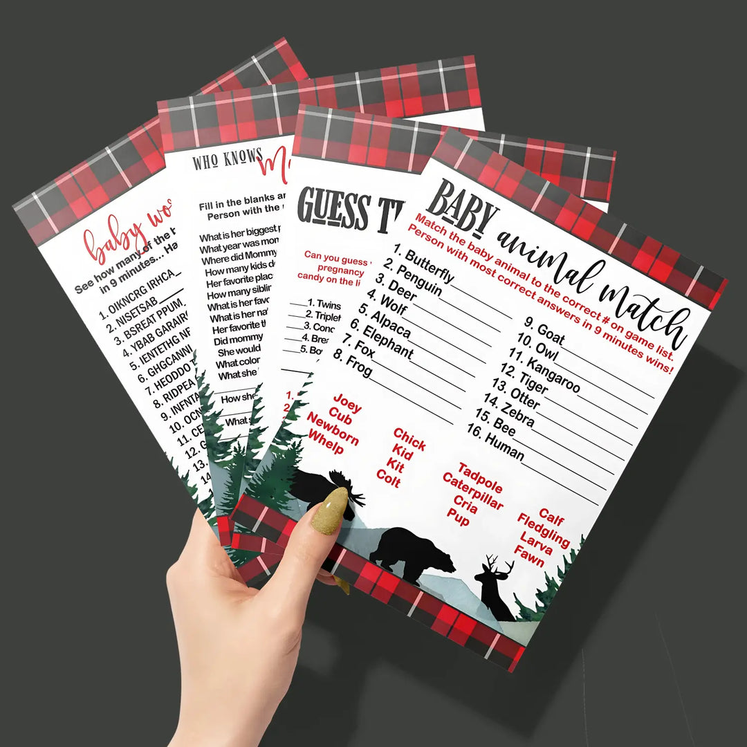 Log Cabin Laughs” - Lumberjack Baby Shower Game Set, 5x7 Double-Sided Cards (25 ct)