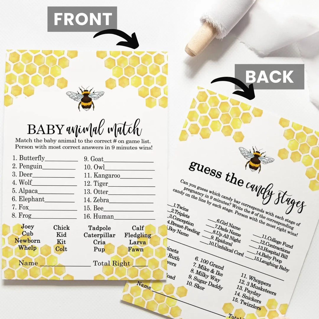 Mama Bee Baby Shower Game Set with Animal Match and Candy Bar Guessing, Yellow & Black, 5x7 Cards (25 ct)