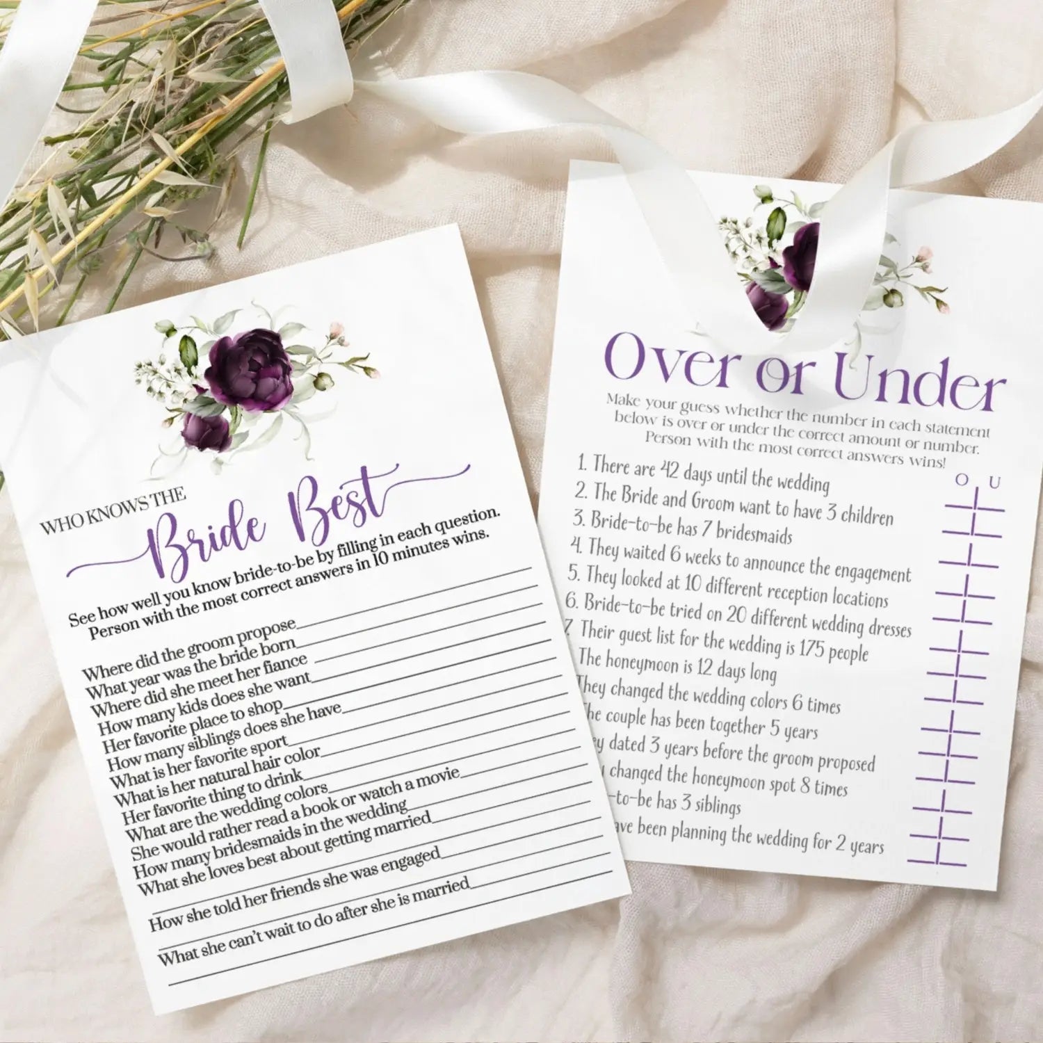 Purple bridal shower games – bundle includes he said or she & who knows the bride best wedding game - ideas