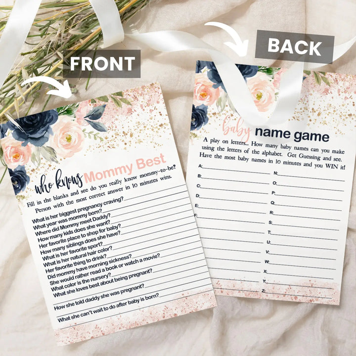 Pink Baby Shower Games for Girl - 25 Baby Shower Activities for Guests, Include Word Scramble, Guess the Price, Baby Name Race and Who Knows Mommy Best, Rustic Floral Theme, Double-Sided 5x7 Cards