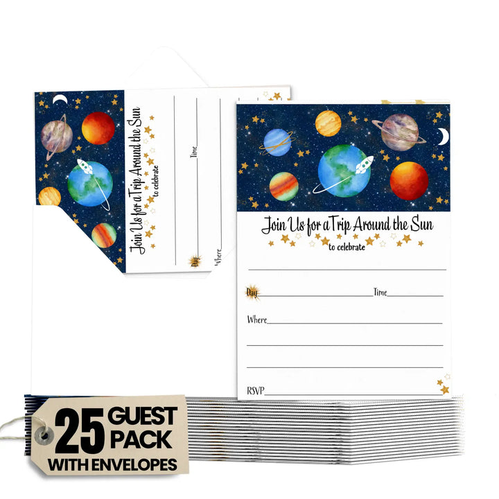 Around the Sun Party Invitations with Envelopes, 25 Pack, Space and Rocketship, 5x7 Blank Cards