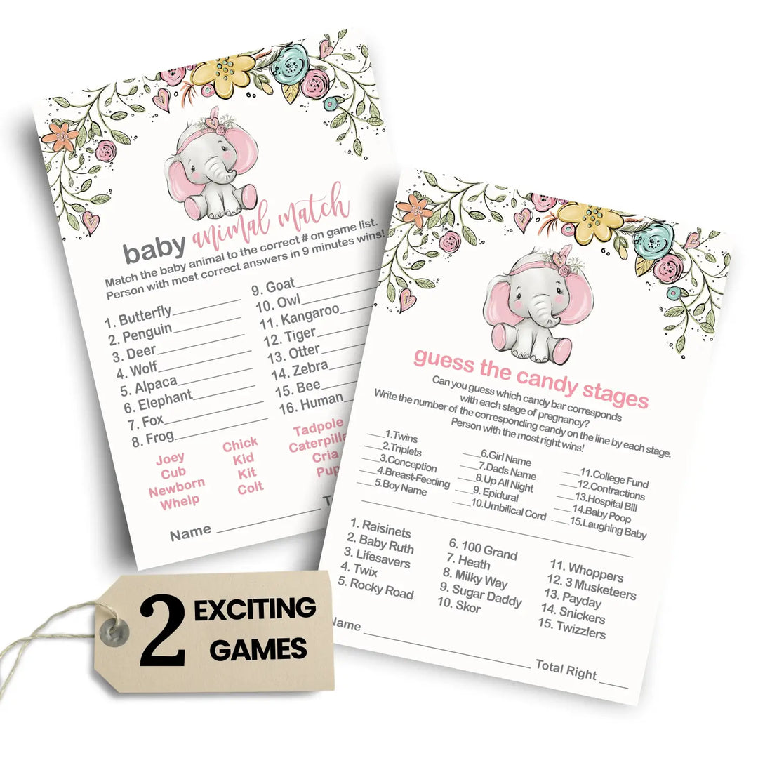 Cottage elephant baby shower game set pink floral animal matching and candy bar match - party games