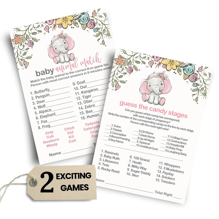 Cottage elephant baby shower game set pink floral animal matching and candy bar match - party games