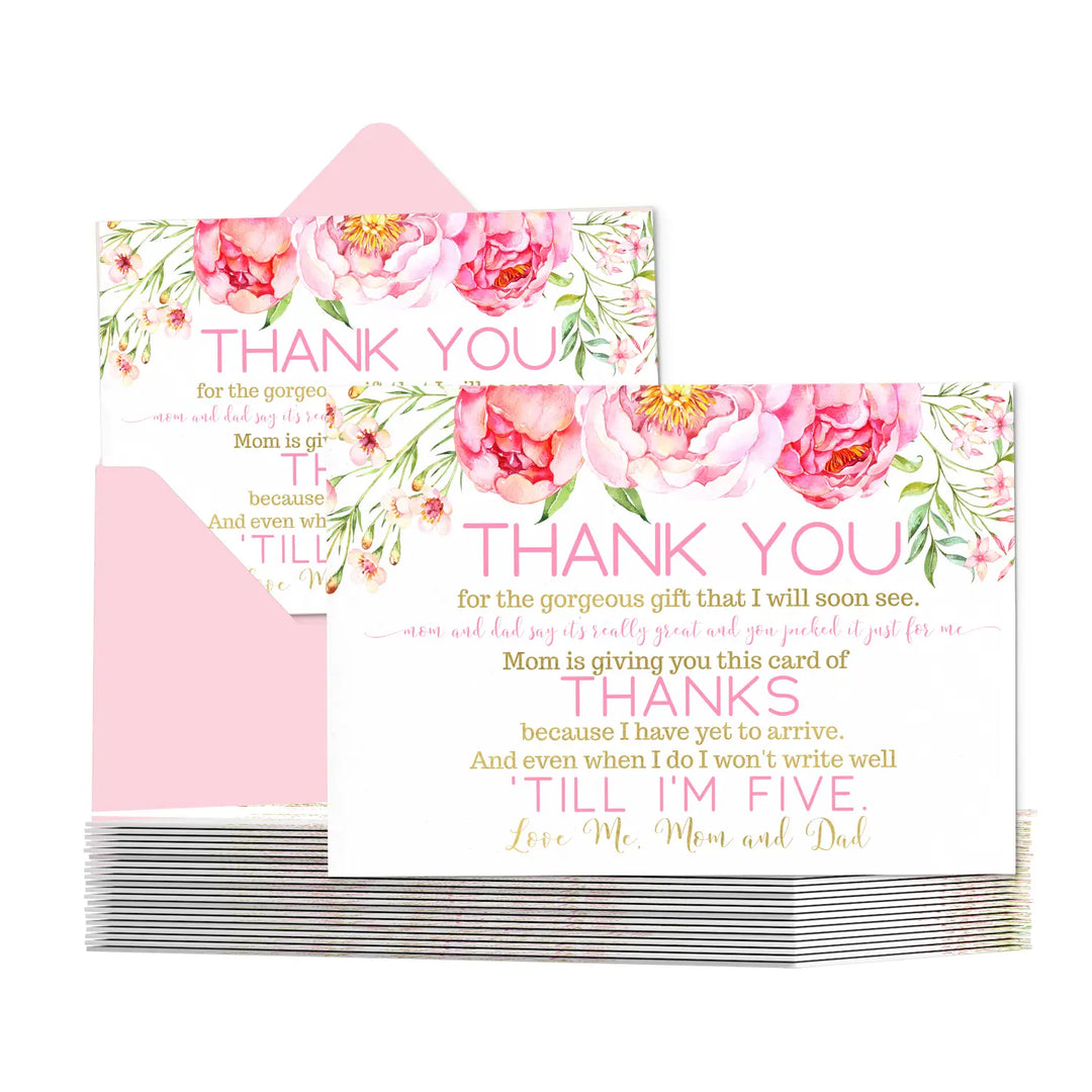 Cottage floral girls baby shower thank you cards - 15 pack charming notecards with pink envelopes 4x6 - office product