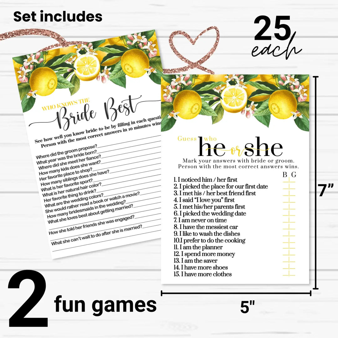 Lemon Bridal Shower Games – Bundle Includes He Said or She Said & Who Knows the Bride Best Wedding Shower Game - Ideas for Engagement Party, Rehearsal Dinner, Main Squeeze Design, 25 Double-Sided Card