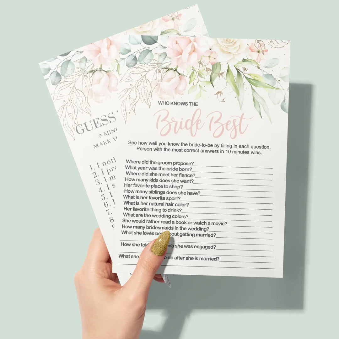 Blush Bloom Bridal Shower Games – He Said or She Said & Who Knows the Bride Best Bridal Shower Game - Wedding, Engagement Party, Rehearsal Dinner, Pink Gold Floral Design, 25 Double-Sided Card Bundle