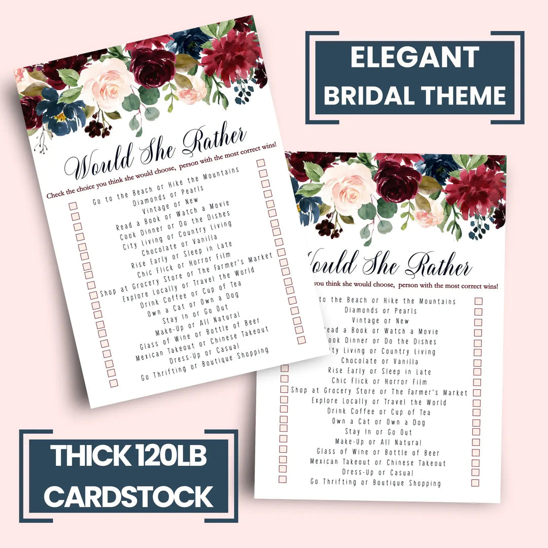 Blue Floral Bridal Shower Games – 25 Cards - Who Knows Bride Best Bridal Shower Game Would She Rather Wedding Reception or Birthday Girl Activity, Rustic Burgundy Designs, 5x7 Pack