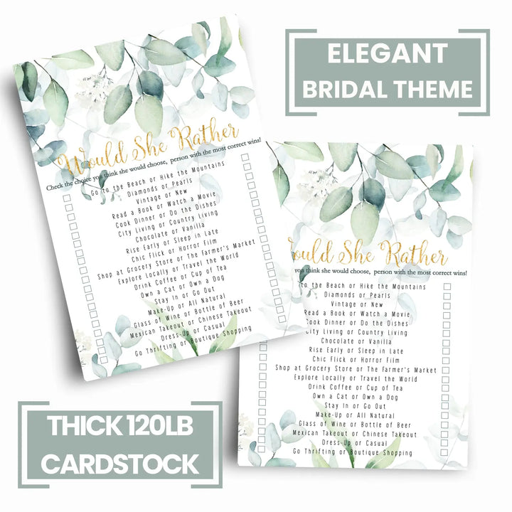 Greenery Bridal Shower Games – 25 Cards - Who Knows Bride Best Bridal Shower Game Would She Rather Wedding Reception or Birthday Girl Activity, Rustic Botanical Designs, 5x7 Pack