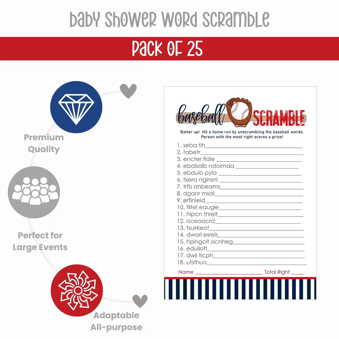 Baseball Word Scramble Baby Shower Games - Fun Unscramble Activities for Gender Reveal, Red and Blue Themes, 25 Cards