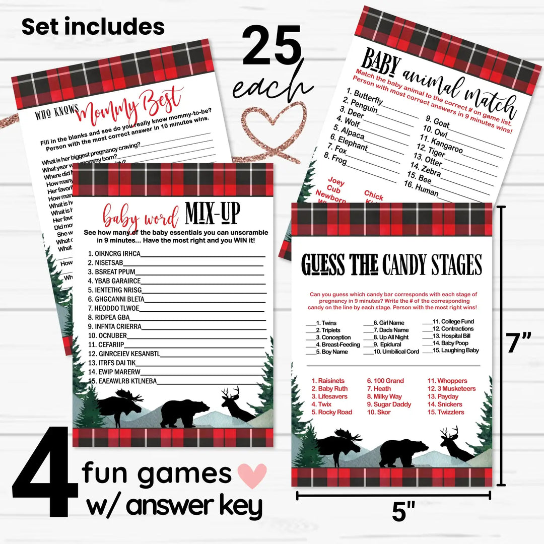 Log Cabin Laughs” - Lumberjack Baby Shower Game Set, 5x7 Double-Sided Cards (25 ct)