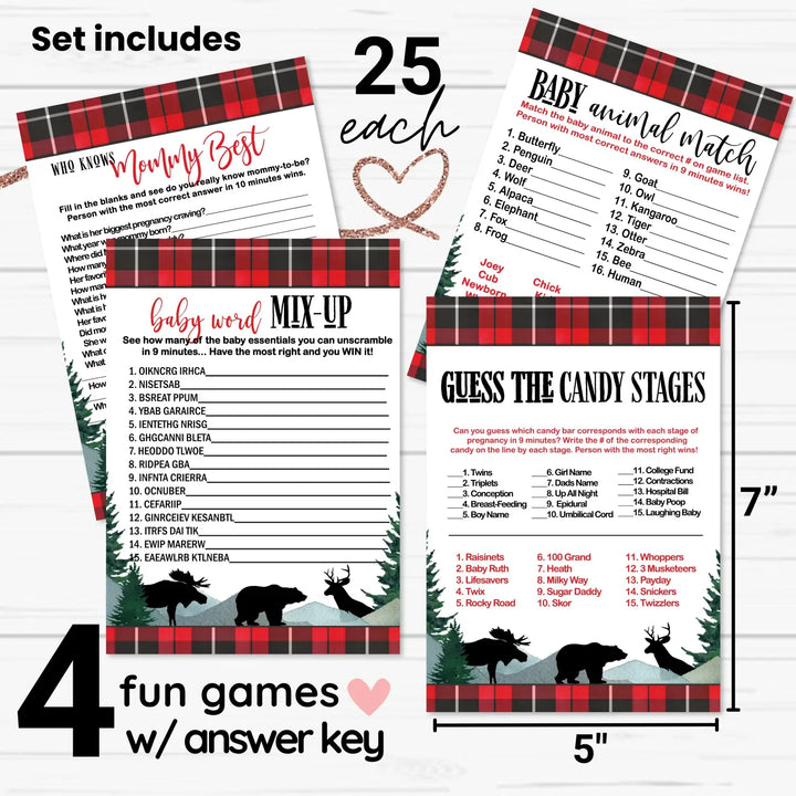 Log Cabin Laughs” - Lumberjack Baby Shower Game Set, 5x7 Double-Sided Cards (25 ct)