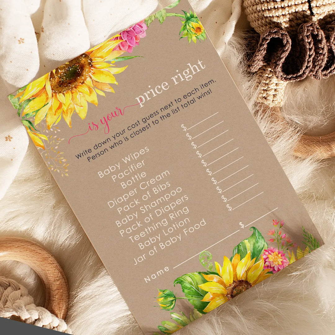 Sunflower guess the price baby shower games – 25 guests rustic fall flower themed activities for girls pink and yellow