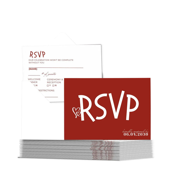 Custom Retro Red RSVP Cards with Elegant White Calligraphy - Premium Card Stock, 4x6 Inch Size