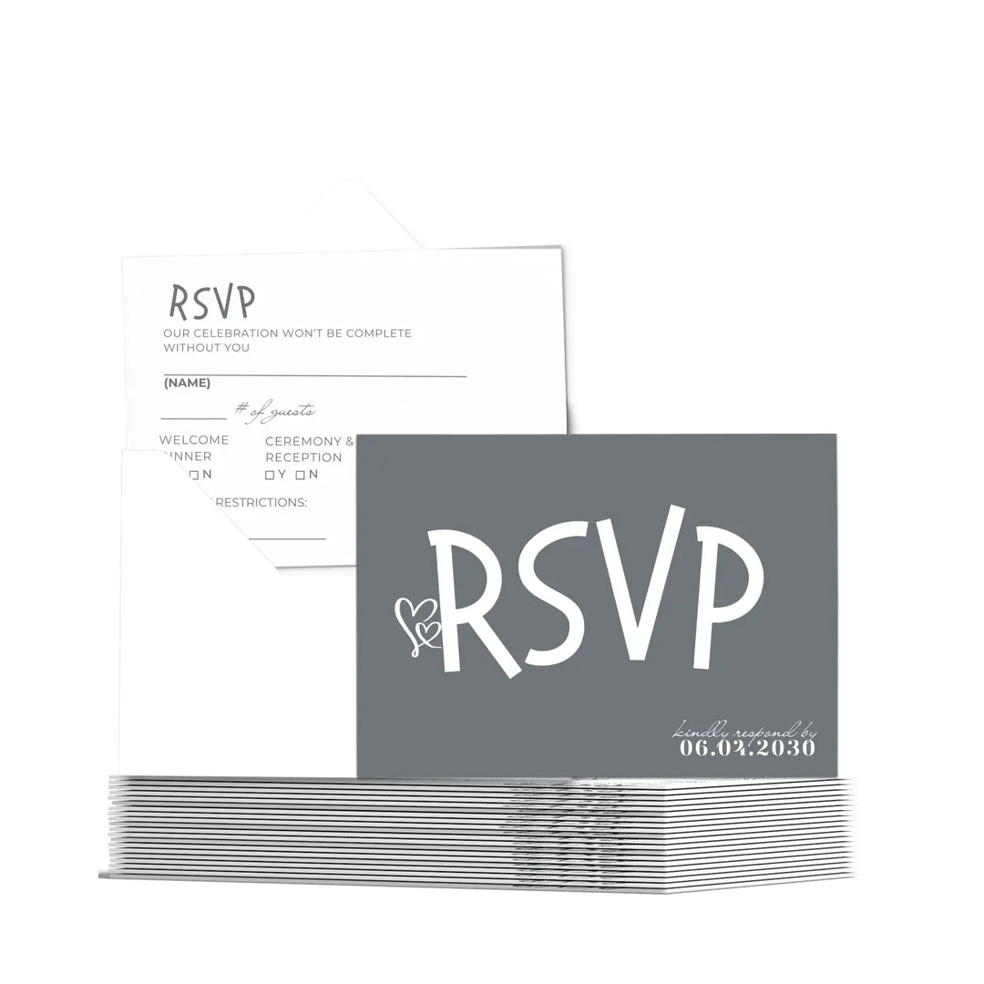 Custom Minimalist White RSVP Cards with Elegant Slate Grey Calligraphy - Premium Card Stock, 4x6 Inch Size