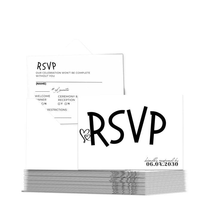 Custom Black and White RSVP Cards - Premium 120lb Cardstock, Elegant Calligraphy, 4x6 Inch Size, Personalized Dates & Names, Includes Event Details